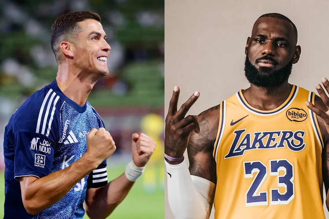 同是40岁的葡萄牙足球巨星罗纳尔多（左）和美国职业篮球赛名宿詹姆斯（右）。