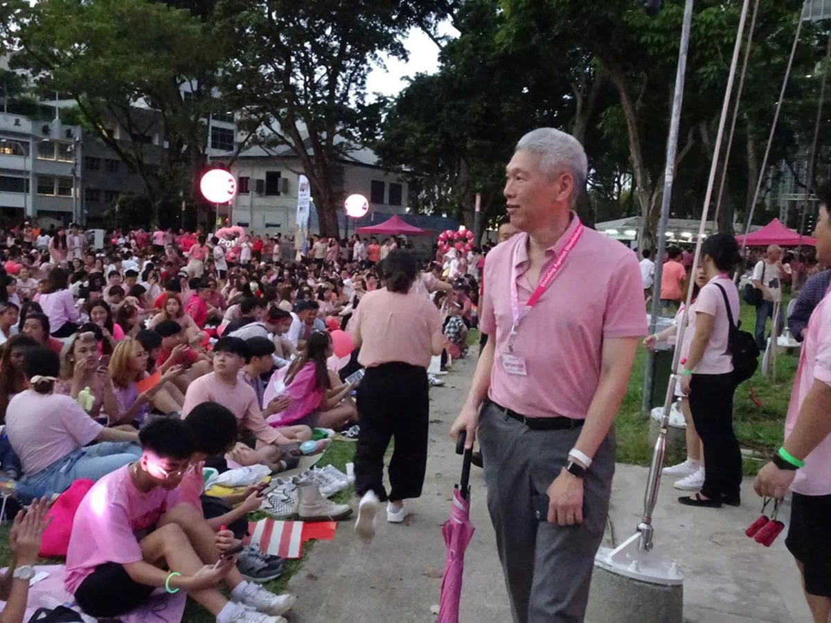  李显扬身穿粉红Polo恤、手持粉红雨伞参加“粉红点”集会。（Pink Dot SG面簿） 
