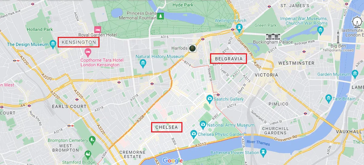 伦敦黄金地段切尔西（Chelsea）、贝尔格莱维亚（Belgravia）和肯辛顿（Kensington）。（谷歌地图截图）