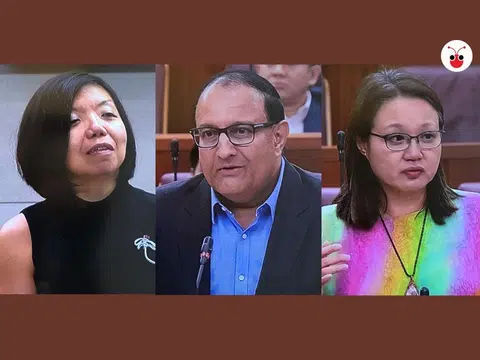 通讯及新闻部长易华仁（中）、与官委议员王丽婷（左）以及工人党主席林瑞莲（右），就去年10月初生效的政府网络假信息和网络操纵法令（简称POFMA）围绕展开唇枪舌剑。（红蚂蚁制图）