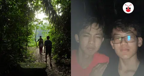 左图：麦里芝蓄水池小径；右图：寻找神社而迷路的苏祥麟和理查德。（红蚂蚁制图）