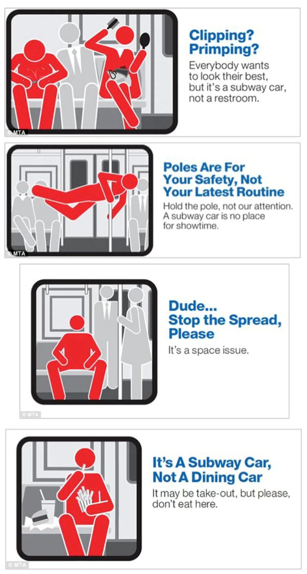  纽约地铁发布海报呼吁乘客别把车厢当化妆间。（互联网） 