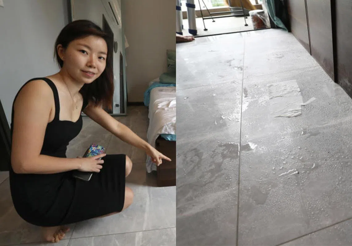 女屋主每个月都被不停渗水的地板困扰。（联合晚报）