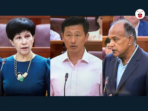 今天国会复会，教育部长王乙康（中）、总理公署部长兼财政部和教育部第二部长英兰妮（左），以及内政部长兼律政部长尚穆根（右）先后针对国大最近闹得满城风雨的“宿舍偷拍洗澡事件”答复议员的询问。（张丽苹制图）