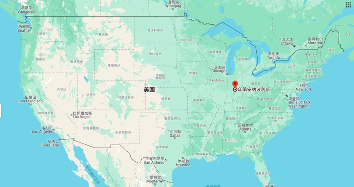 图中红色标记就是印第安纳波利斯。（谷歌地图）