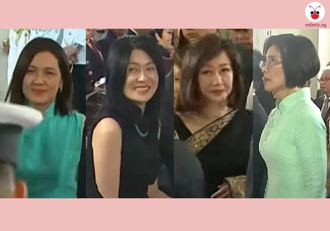 新加坡4G内阁部长夫人（左起）：卫生部长王乙康太太郭新玲、副总理黄循财太太、外交部长维文太太谢恩赐、副总理王瑞杰太太章慧霓。（红蚂蚁制图，截图后像素不高，望海涵）