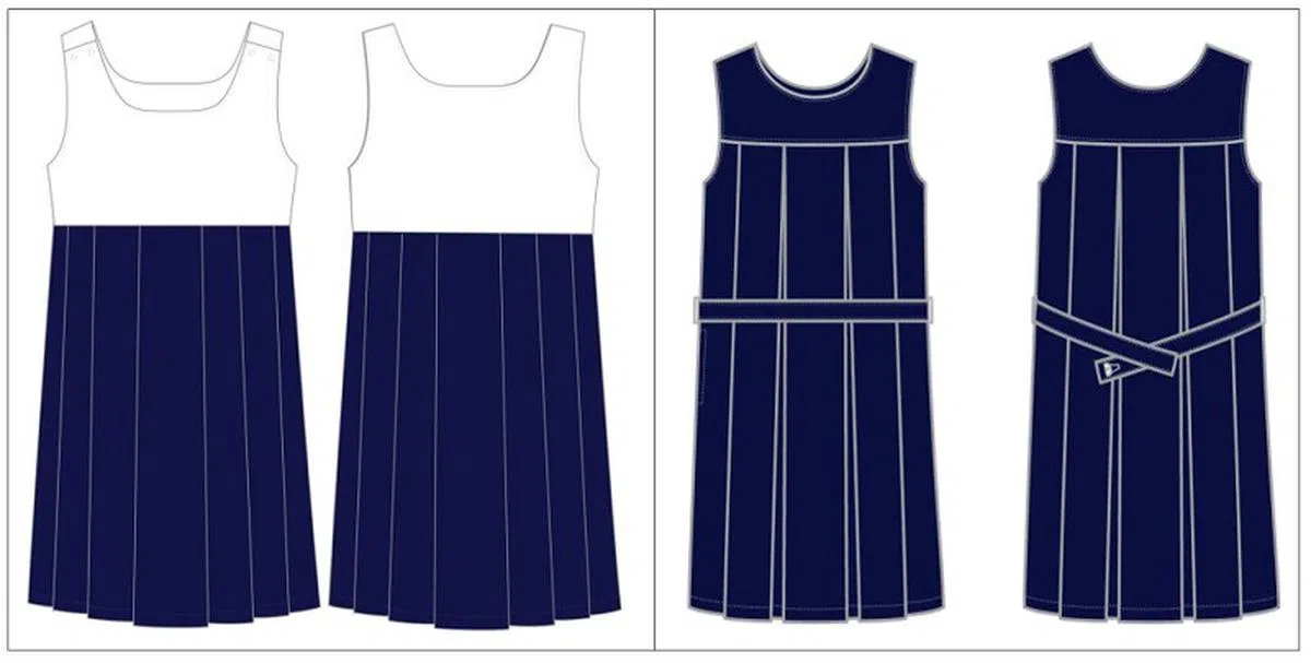 美以美女子中学（左）和莱佛士女小售卖的连身校裙。（schooluniforms.sg网站截图／红蚂蚁制图）