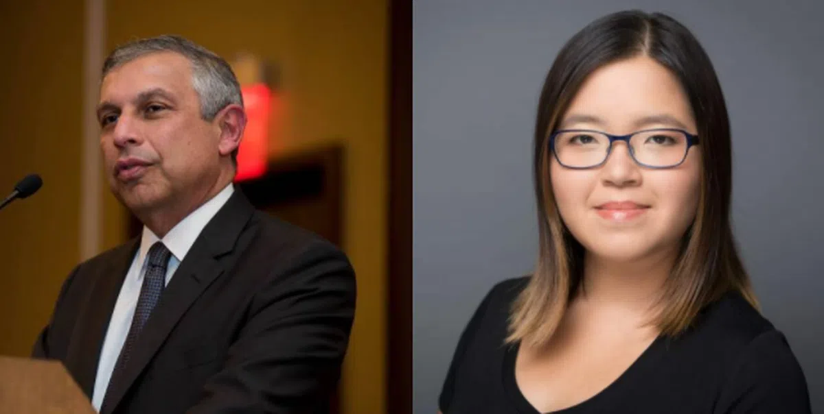  左起：新加坡驻美国大使米尔普里 (Ashok Kumar Mirpuri) 和韩俐颖 (Kirsten Han)。（薛渤杨制图） 