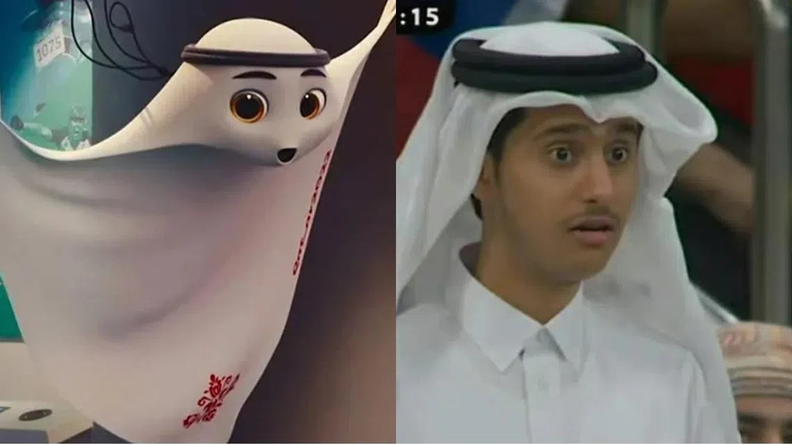 世界杯吉祥物拉伊卜（La’eeb）（左）和这名卡塔尔年轻贵族，是否神似？（红蚂蚁制图）