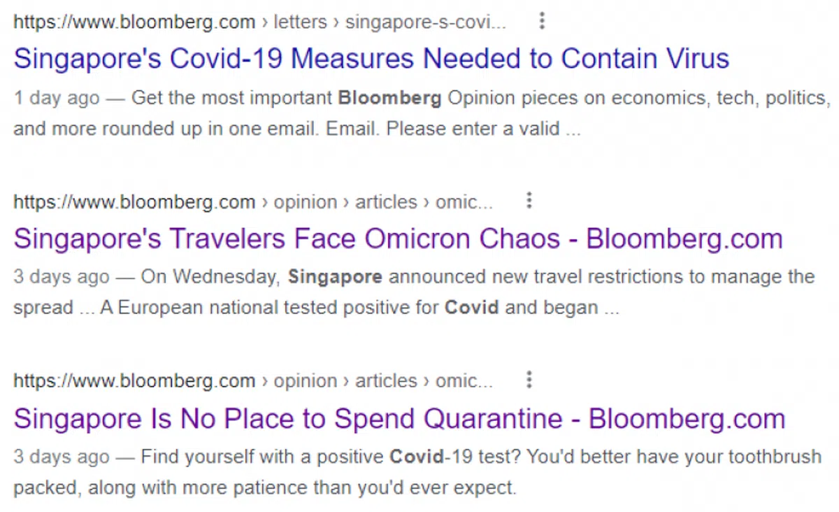 彭博社过去几天连发了多篇文章批评新加坡防疫严又乱。（谷歌）
