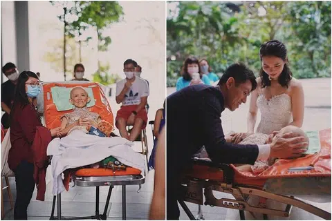 吴月喜躺卧在担架上见证婚礼注册仪式，了却最后一桩心愿。（Just Weddings Photography）