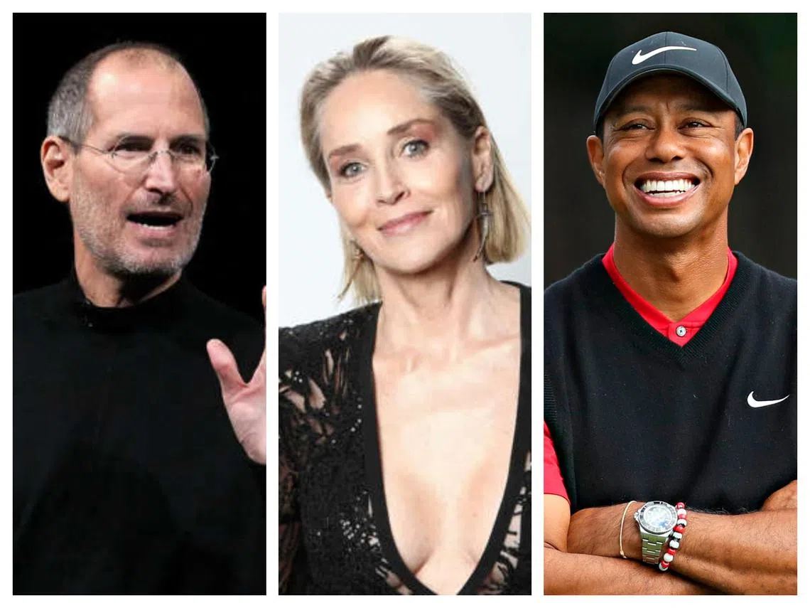 （左起）苹果公司已故创始人乔布斯、好莱坞的性感女神莎朗史东（Sharon Stone）、高尔夫球明星老虎伍兹（Tiger Woods）。（红蚂蚁制图）