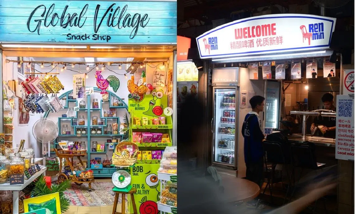 位于荷兰村巴刹的Global Village零食店（左）和麦士威熟食中心的“人民”啤酒档（右）。（红蚂蚁制图）