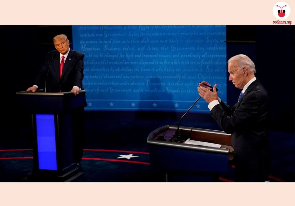 拜登（右）和特朗普（左）2020年在电视总统辩论上针锋相对。时隔四年，年龄让不少选民疑虑的两人将再度迎来对决。（路透社）