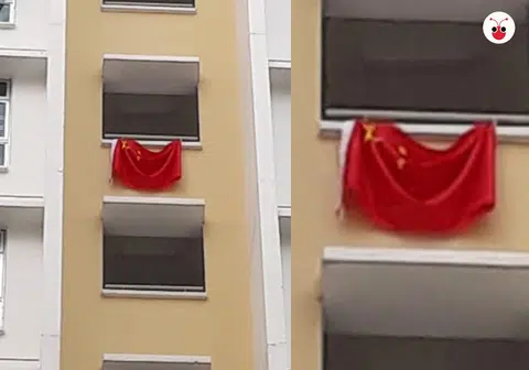 蔡厝港组屋区惊现中国国旗引发本地网民挞伐。（李国豪制图）