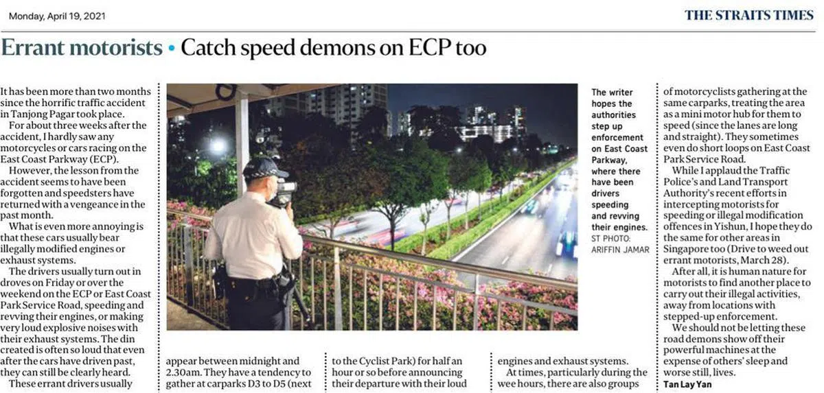  2021年4月19日读者来函。（海峡时报） 