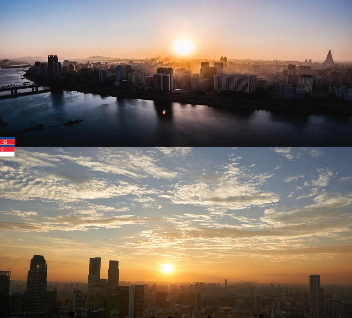  上图：从高空鸟瞰朝鲜的城市天际线，放眼望去，那座外形像金字塔的建筑就是105层楼高的柳京酒店。（Mindy Tan摄） 下图：从滨海湾金沙酒店无边际游泳池鸟瞰新加坡的城市天际线。（Mariano Jaimez Tarifa摄）   