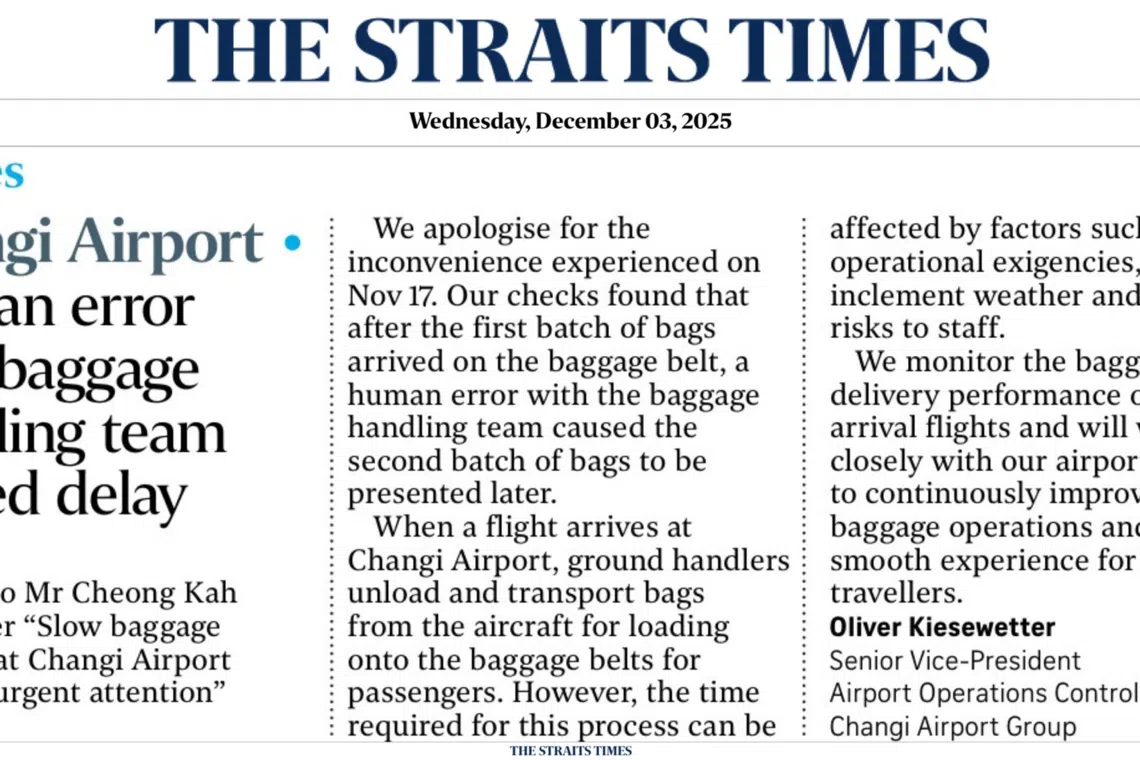 樟宜机场集团机场运营控制中心高级副总裁奥利弗·基瑟韦特（Oliver Kiesewetter）答复Cheong Kah Wai 时道歉。