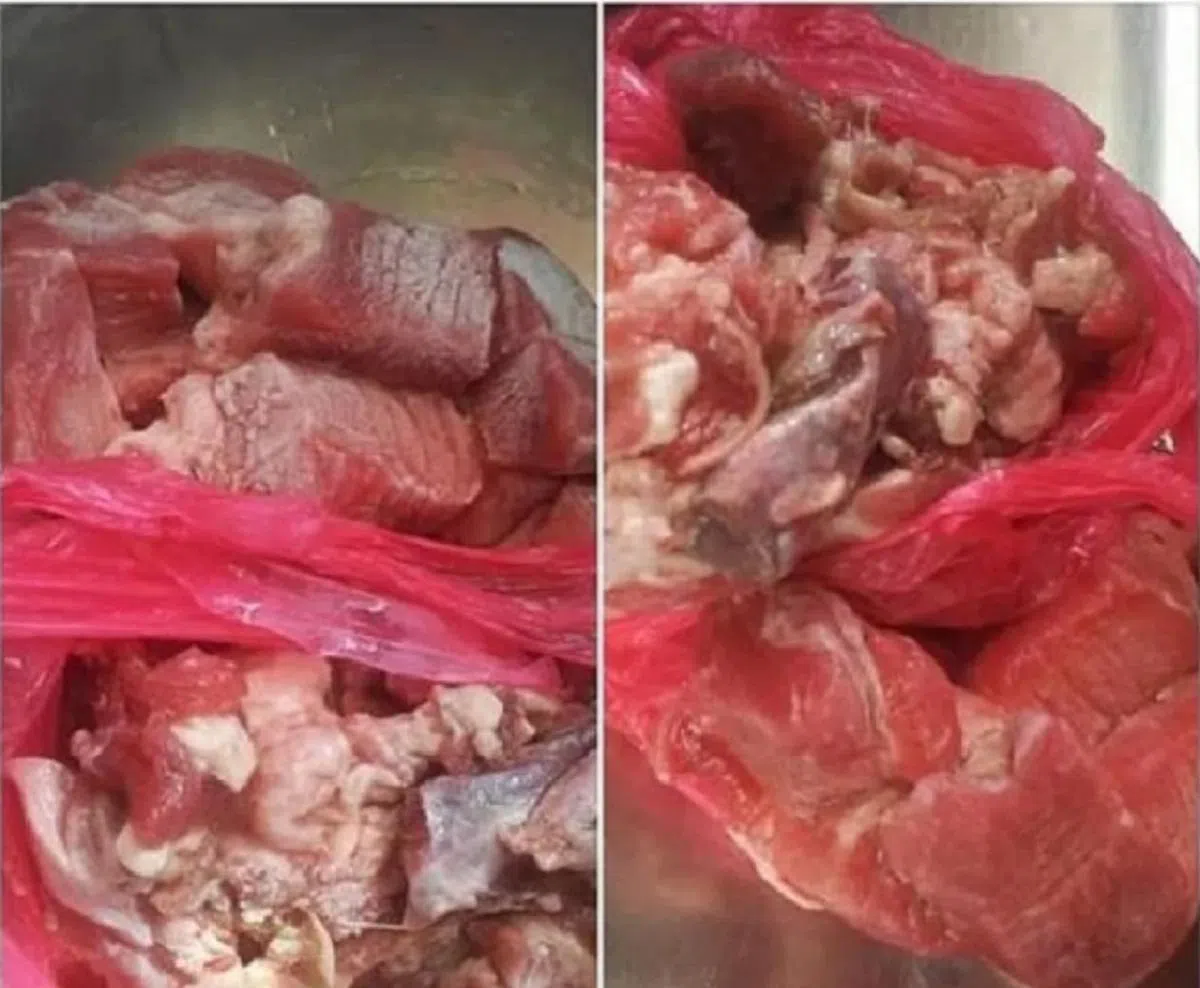  玛兹利雅娜怀疑自己在士拉央菜市场买到的冷冻牛肉解冻后是猪肉，在面簿上发贴文投诉。（互联网） 