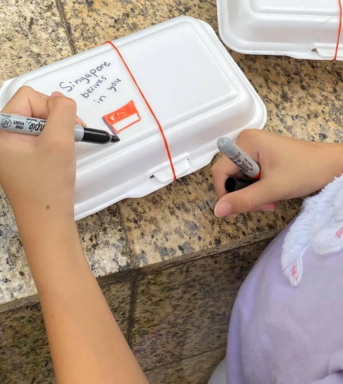  这盒写上：新加坡相信你。还画上了一面新加坡国旗。（Tong Yee面簿） 