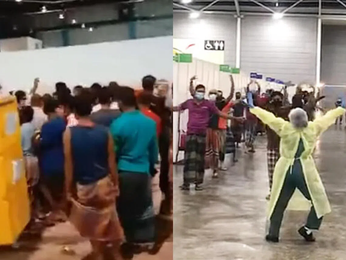 （左图）有视频拍到上百名客工聚集在樟宜展览中心护理设施内排队领取茶点。（右图）另一视频拍到医护人员在新加坡博览中心带领客工们跳舞。（视频截图）
