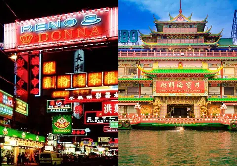 香港街道上的霓虹招牌（左）及珍宝海鲜舫（右）。（红蚂蚁制图）