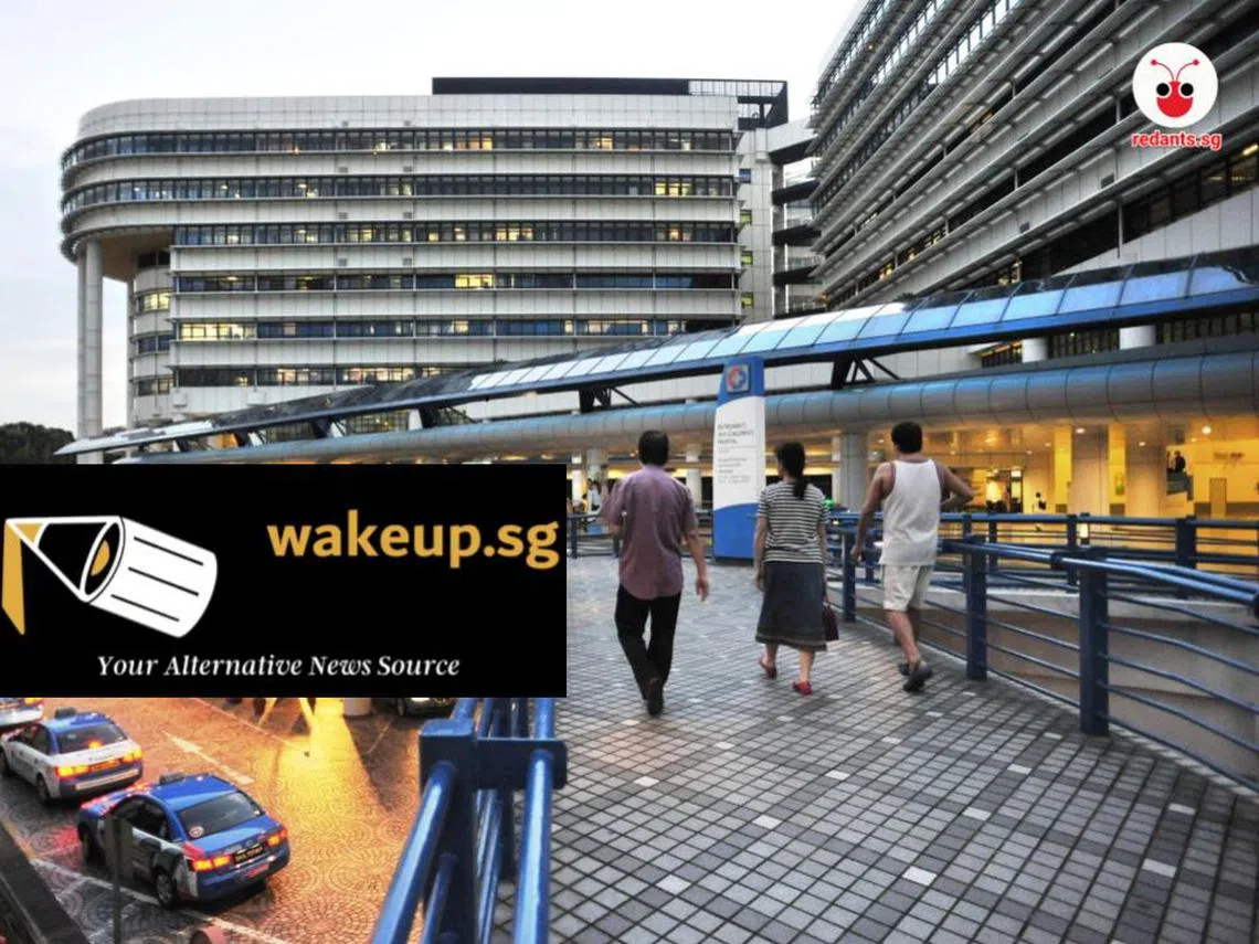 自称为“替代新闻来源”（即非主流新闻平台）的时政网站Wake Up Singapore（简称 WUSG）日前发出不实贴文，声称一名孕妇在竹脚妇幼医院等候四小时后流产。（海峡时报/红蚂蚁制图）