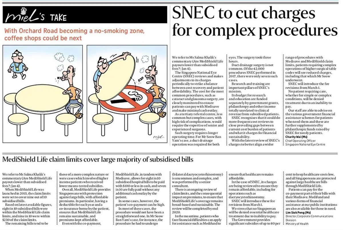  全国眼科中心和卫生部今天刊登在《海峡时报》言论版回应Salma文章的两封信函。（海峡时报） 