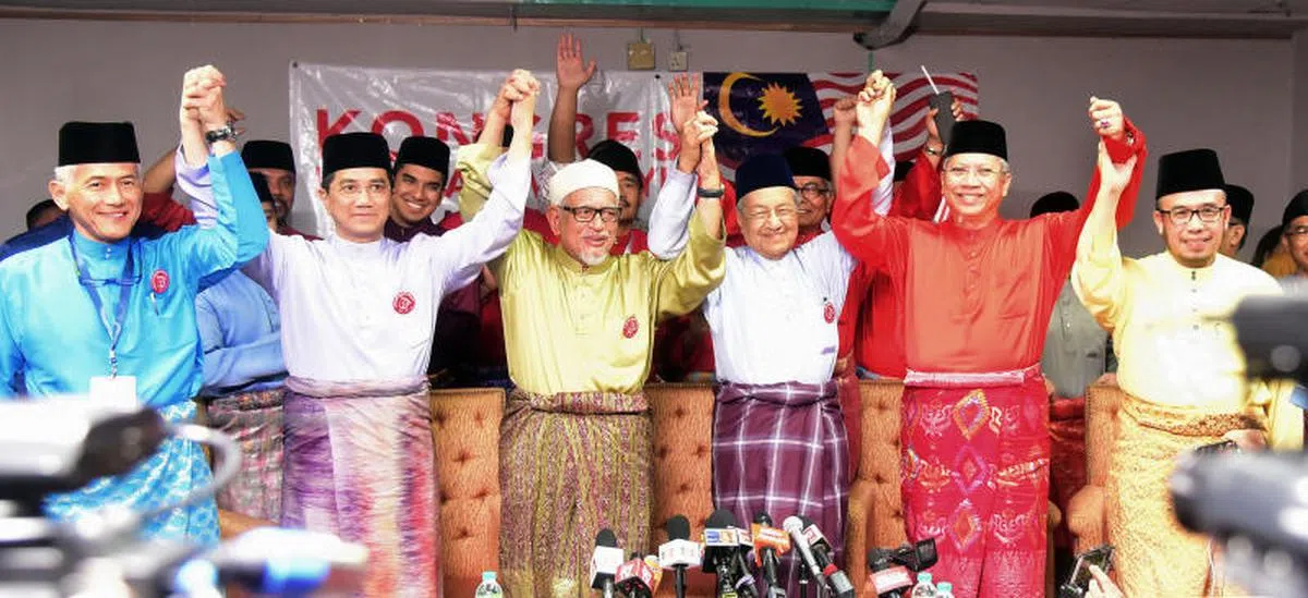  马哈迪（右三）和朝野马来领袖在记者会高举双手。左起为大会主席及马大副校长阿都拉欣、公正党署理主席阿兹敏、伊党主席哈迪阿旺。右起为玻璃市宗教司莫哈末阿斯里和巫统总秘书安努亚慕沙。（星洲日报） 