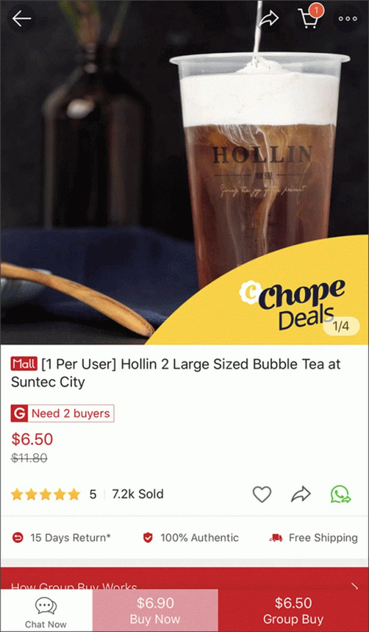 就像这个买泡泡茶的团购，只需邀请一个人一起购买，就可以享受6.5新元的团购价，比原价6.9新元便宜些许。（虾皮）