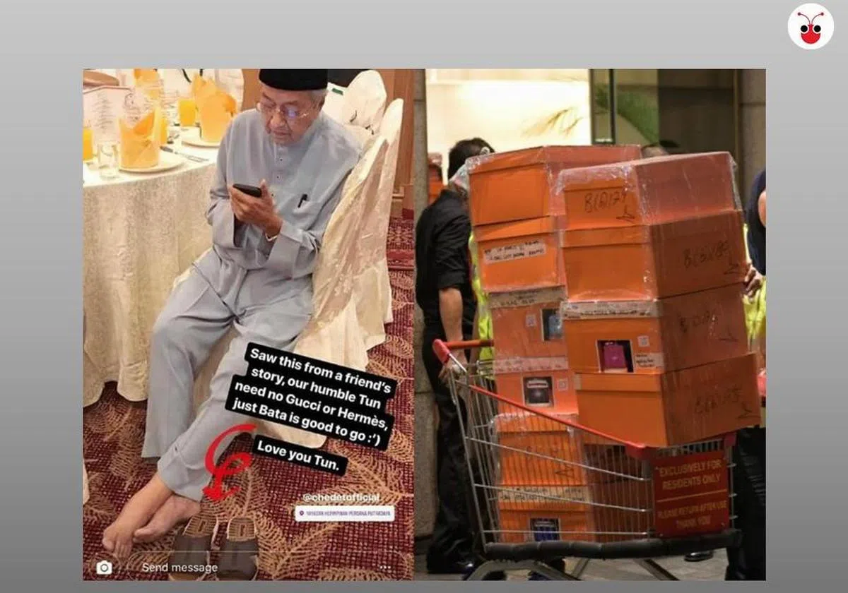  马哈迪（左）穿四元Bata拖鞋被赞节俭；另一边厢，纳吉被搜出的铂金包（右）就超过100个。（卢凌之制图） 