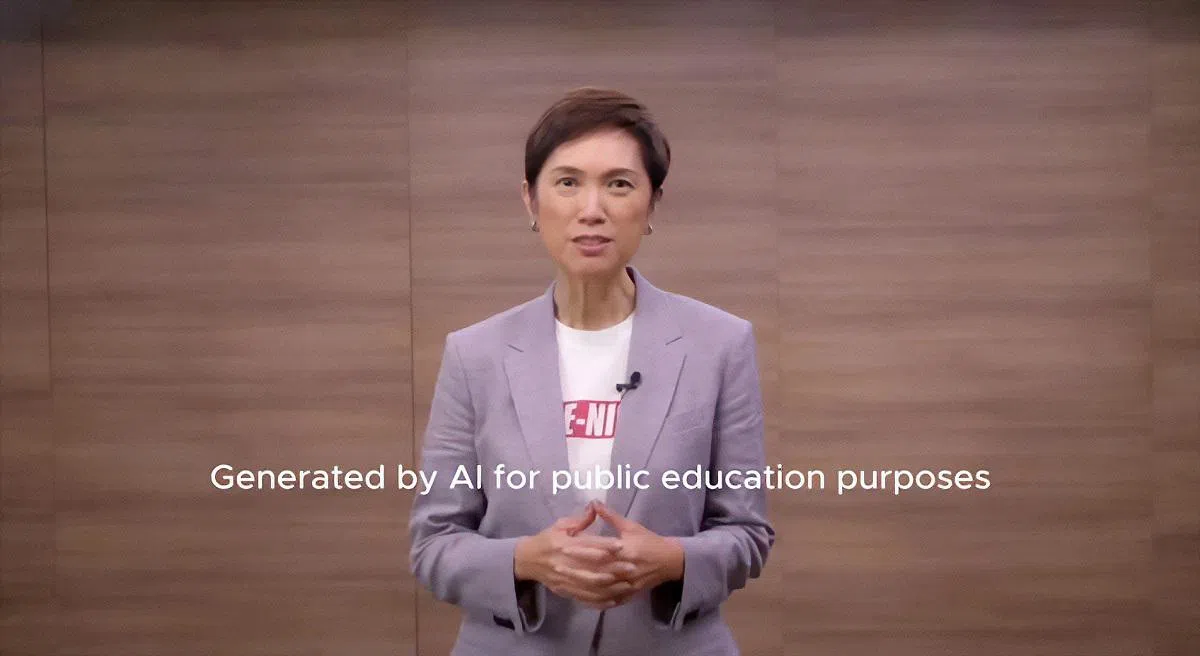 国会播放一段数码发展及新闻部长杨莉明说话的影片，事实上是由人工智能技术生成的，并非由杨莉明本人拍摄。（数码发展及新闻部提供）