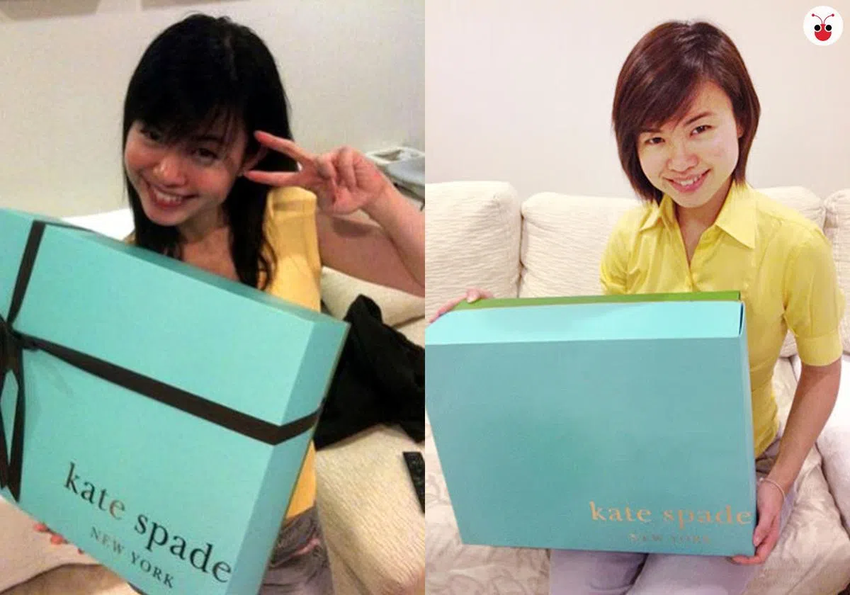  陈佩玲当年提着名牌包拍照（左）上传个人面簿被骂“崇尚物质”。云过风轻，她在2012年妇女行动及研究协会（AWARE）筹款晚宴中，捐出这个曾引起争议的包包。（谢静怡制图） 