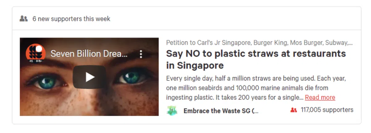 提倡停用塑料吸管等环保议题深受本地民众热捧。（Change.org截图）