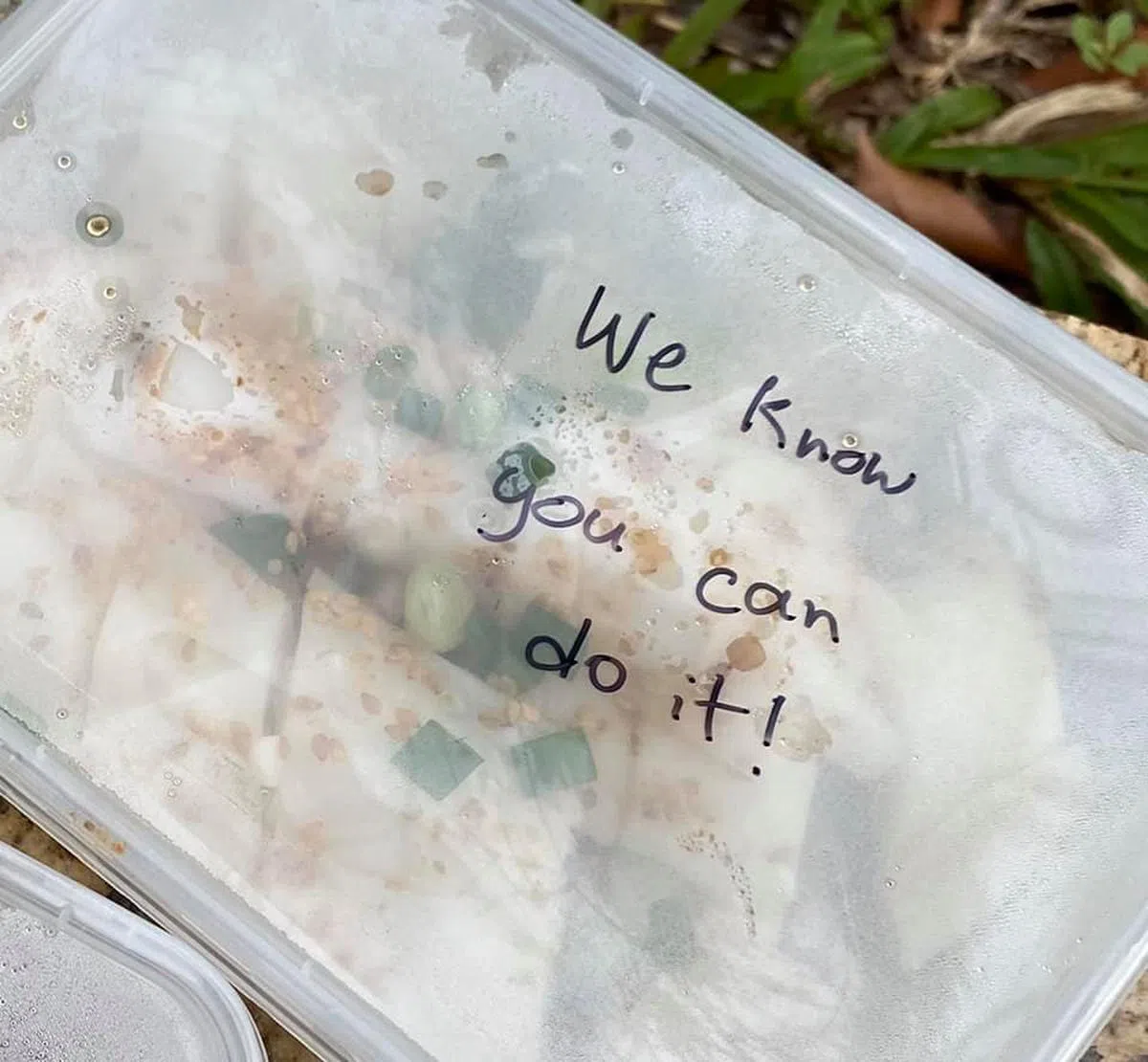  这个饭盒上写着：我们知道你行的！（Tong Yee面簿） 