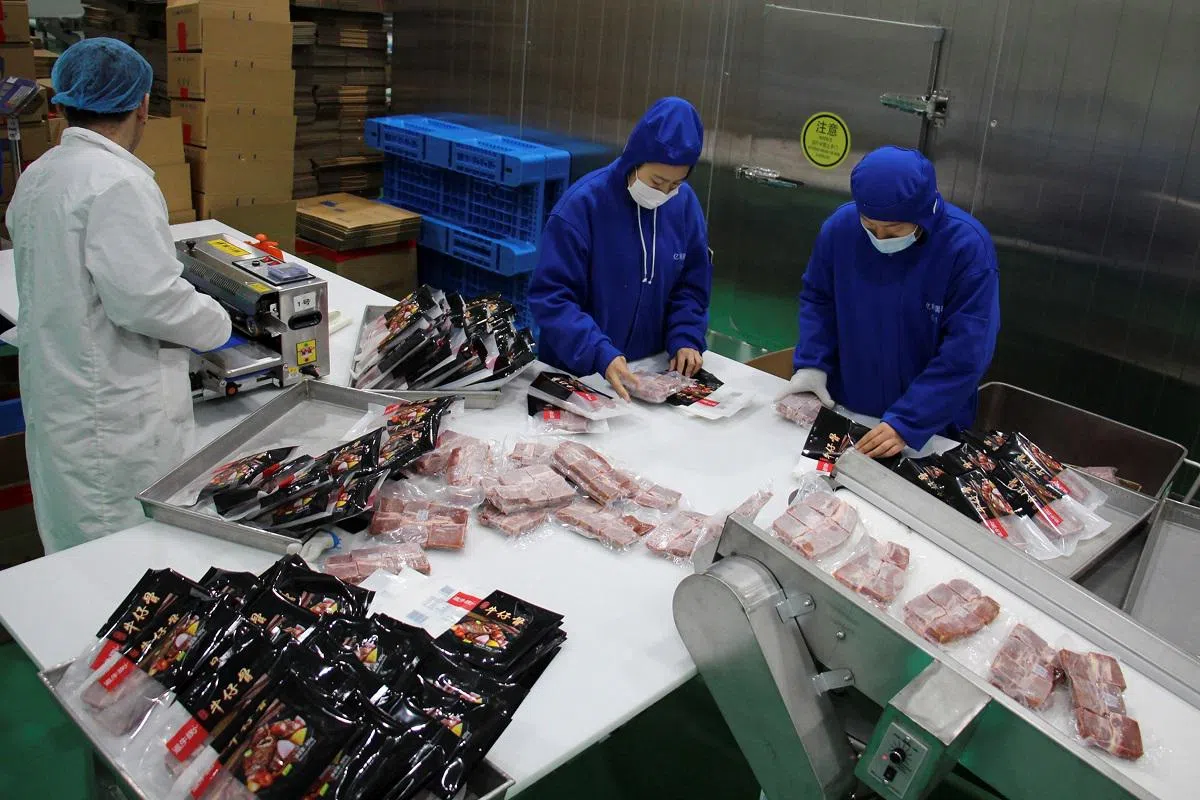  中国牛肉出口包装车间。（法新社） 