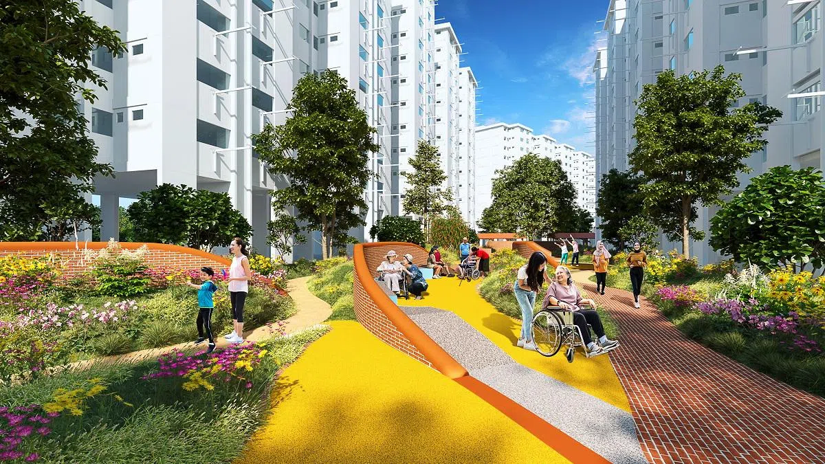 宏茂桥、红山、女皇镇和大巴窑的邻里将展开翻新，增设更多方便年长者的公共设施，预计将惠及2万4000人。图为崇文区Chong Boon Heights康疗花园的构想图。（建屋发展局）