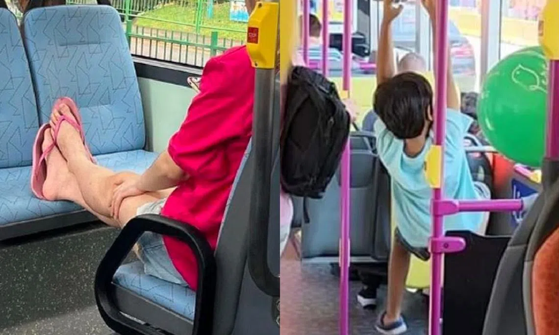 网上时不时会出现一些巴士乘客不雅行为的“证据”。（取自Stomp、Complaint Singapore／红蚂蚁制图）