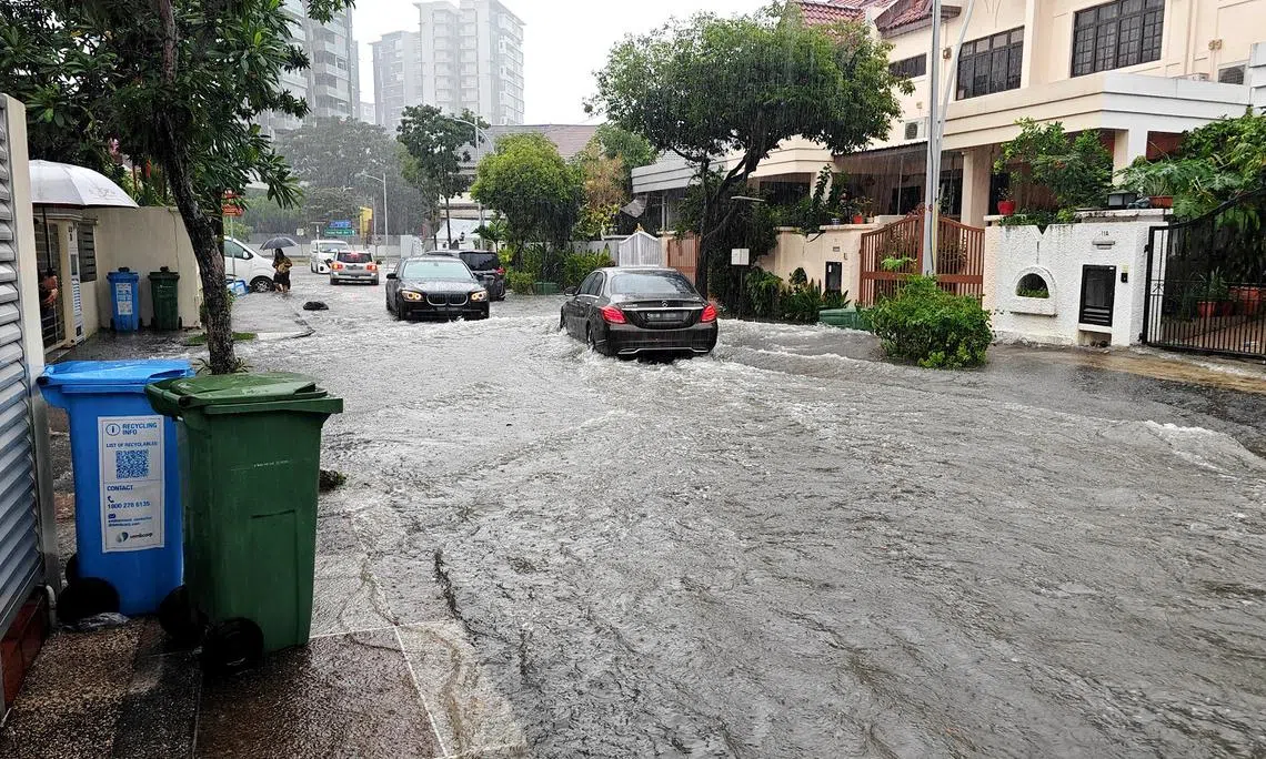 2024年11月22日波东巴西信立新村的运涛道（Wan Tho Avenue），发生突发性淹水。（海峡时报）