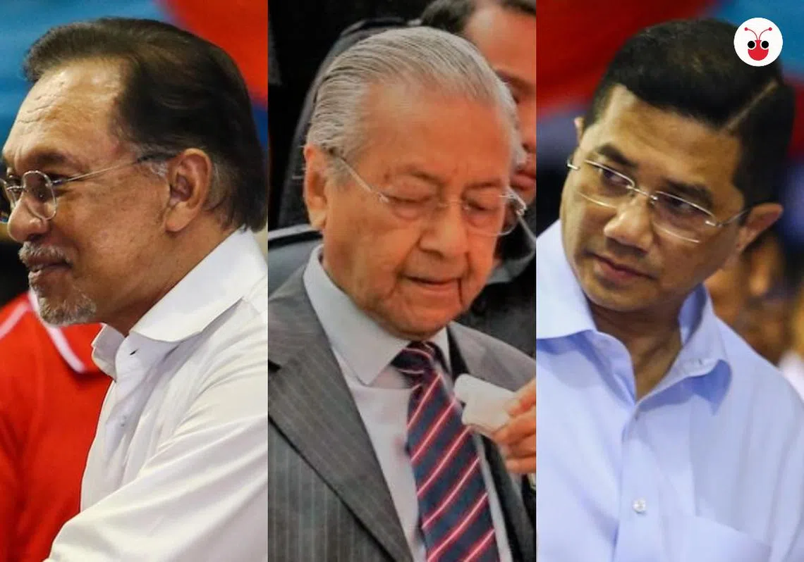 马国权力交接的三个关键人物，马哈迪（中）、安华（左）和阿兹敏（右）。（李国豪制图）