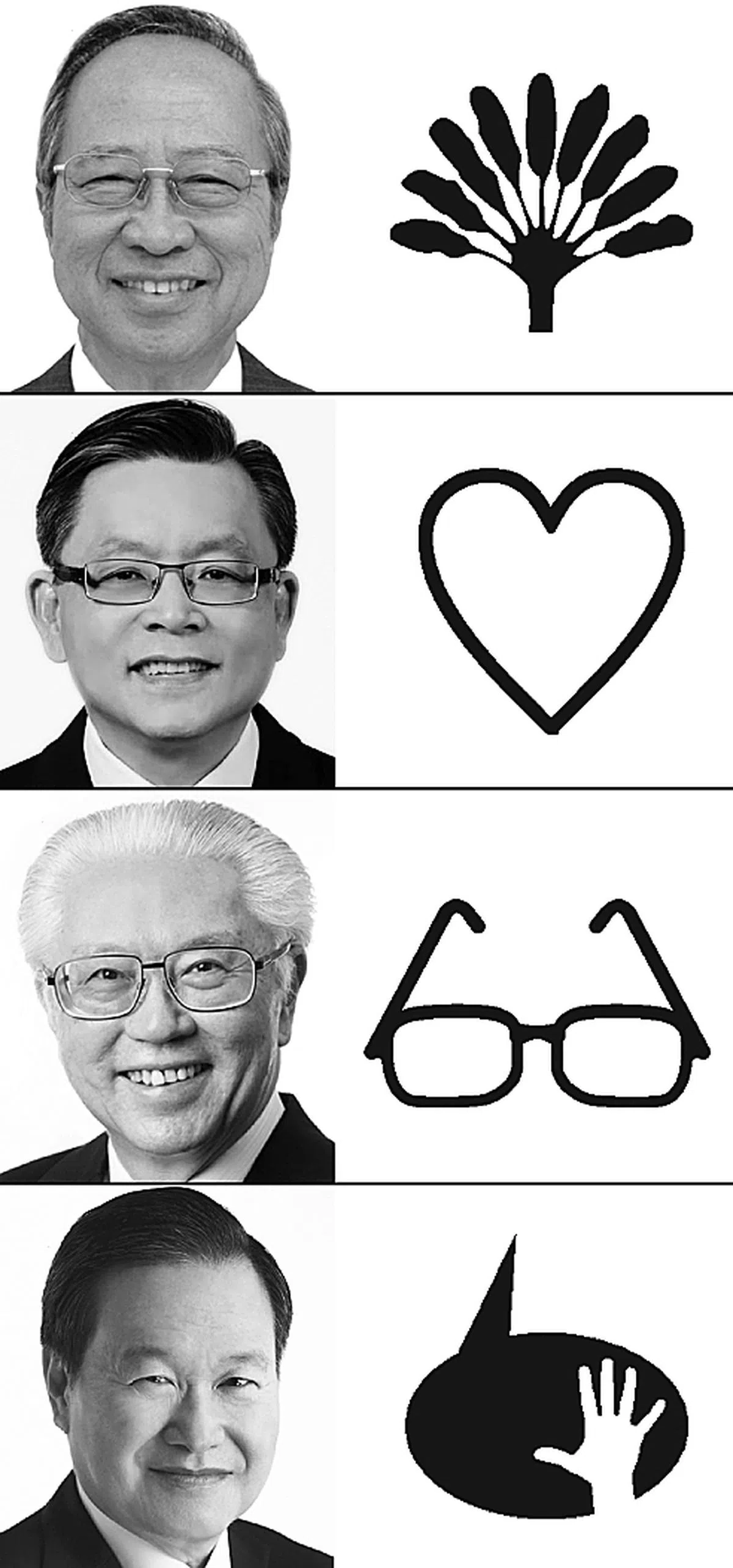 2011年总统选举，（从上到下）陈清木的竞选标志是棕榈树，陈如斯的是一颗心，陈庆炎的是眼镜，陈钦亮的是“对话气泡”里有个打招呼的手势。（新加坡选举局）