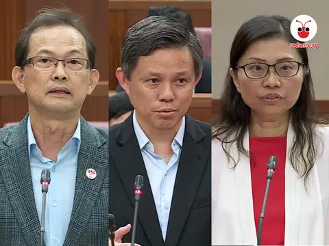 新加坡前进党非选区议员潘群勤（右）与梁文辉（左）7月5日傍晚在国会提出题为“废止新加坡集选区制度”的动议。主管公共服务的教育部长陈振声（中）在回应他们时指出，若支持前进党的这项动议，将等于背弃新加坡积极维护少数种族权益和利益的建国理念。（红蚂蚁制图）