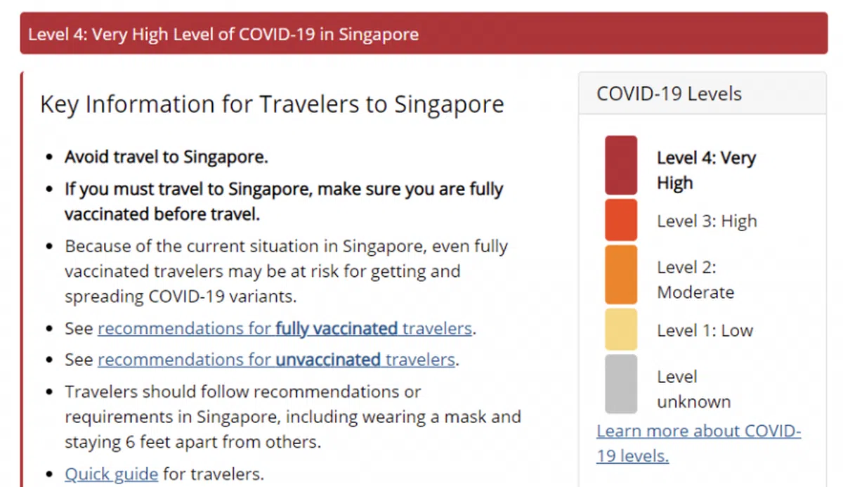 美国疾控中心把新加坡列入冠病风险最高的第四级。（网站截图）