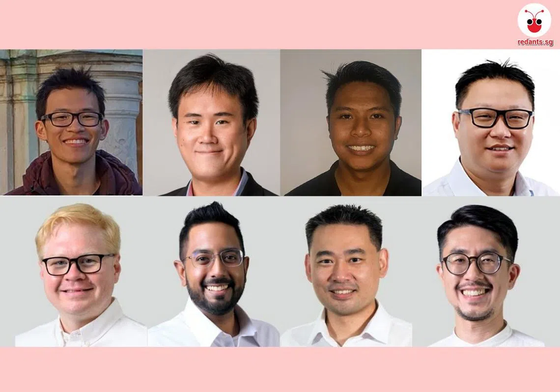 （左起顺时钟）工人党新脸孔包括从事科技业的Kenneth Tiong、从事传播领域的Jackson Au、阿裕尼—后港市镇理事会高级产业经理穆海明、律师汪文耀。行动党新人则包括私人执业律师林于晖、清洁公司主管洪子扬博士、牙医费萨尔医生，以及墨睿设计事务所常务董事刘克元。（红蚂蚁制图）