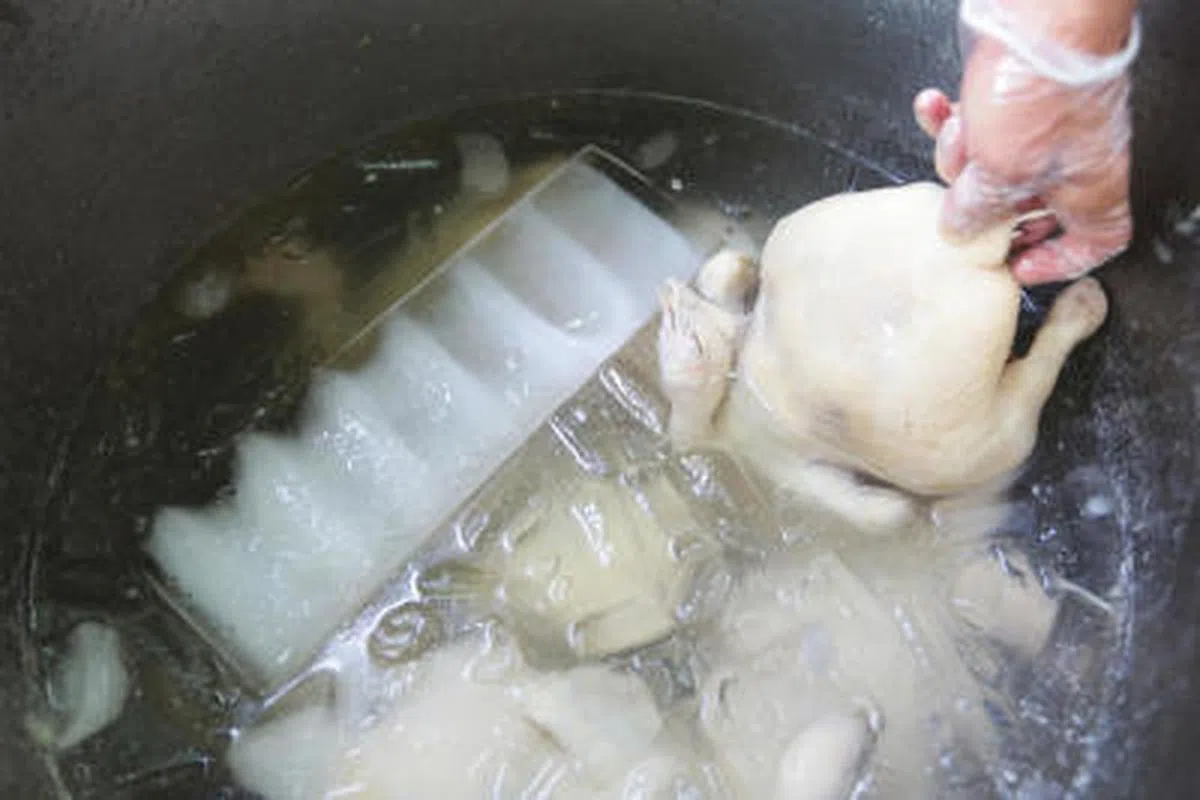 为保持鸡肉肉质鲜嫩和抑制细菌增长，摊主会将白斩鸡泡在冰水中，直到上菜前才将其捞起。(新明日报） 
