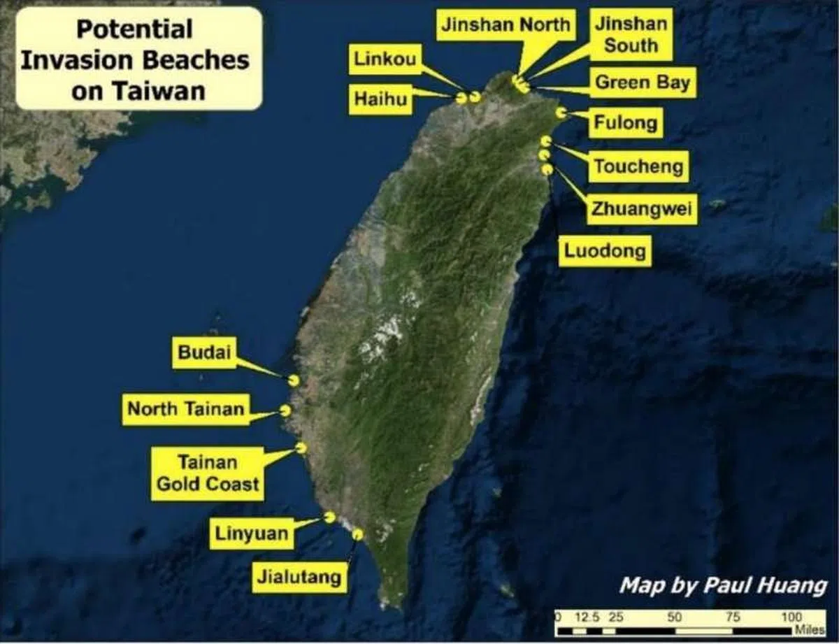  台湾仅有少数小型海滩可供登陆作战使用。（易思安新版2049研究所报告） 