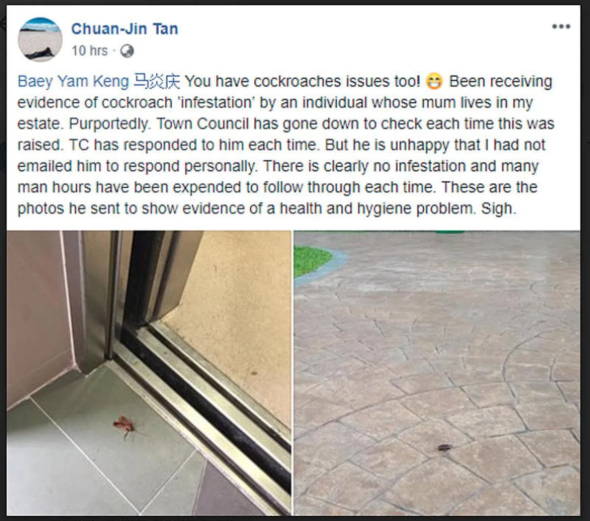  国会议长陈川仁在面簿上透露，自己同样遇到蟑螂的烦恼。（陈川仁面簿） 