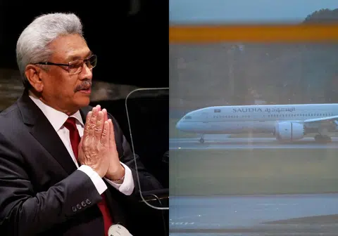斯里兰卡总统拉贾帕克萨（左）乘搭的沙特阿拉伯航班今晚（7月14日）7点17分抵达樟宜机场。（红蚂蚁制图）
