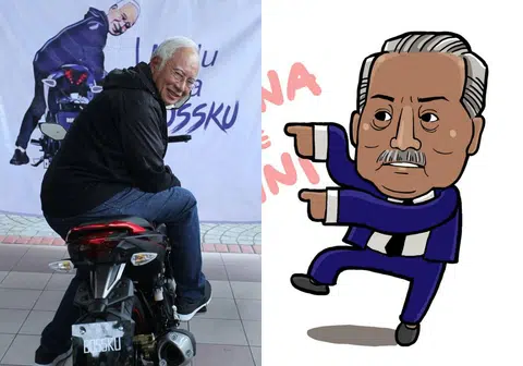 近日因涉贪被控的慕尤丁（右）被指有意仿效纳吉（左）的手法，借助操作舆情来掀起“阿爸旋风”。（红蚂蚁制图）