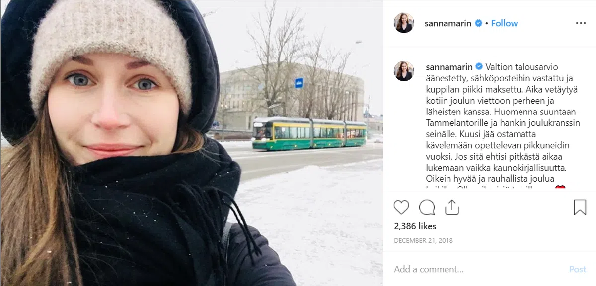  马林去年放圣诞假期前通过Instagram向芬兰网民问好，祝大家圣诞快乐。不知道她今年换了个身份头衔，又会以什么形式向大家问好。（Sannamarin Instagram） 